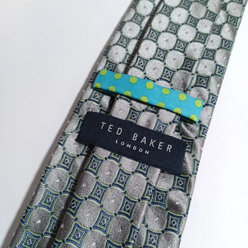 Ted Baker Tie Silk Silver Grey Green Abstract Geometric print Necktie 3